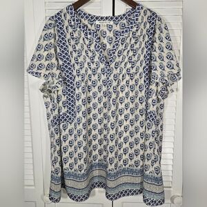 Rose + Olive Blue White Geometric Flutter Sleeve Boho V Neck Tunic Top Sz 2X
